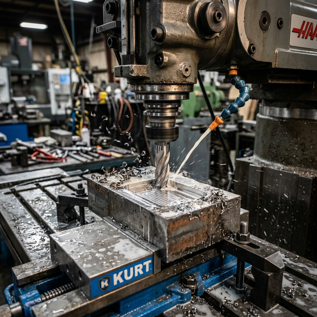 CNC milling machine cutting metal block with coolant flow and metal shavings