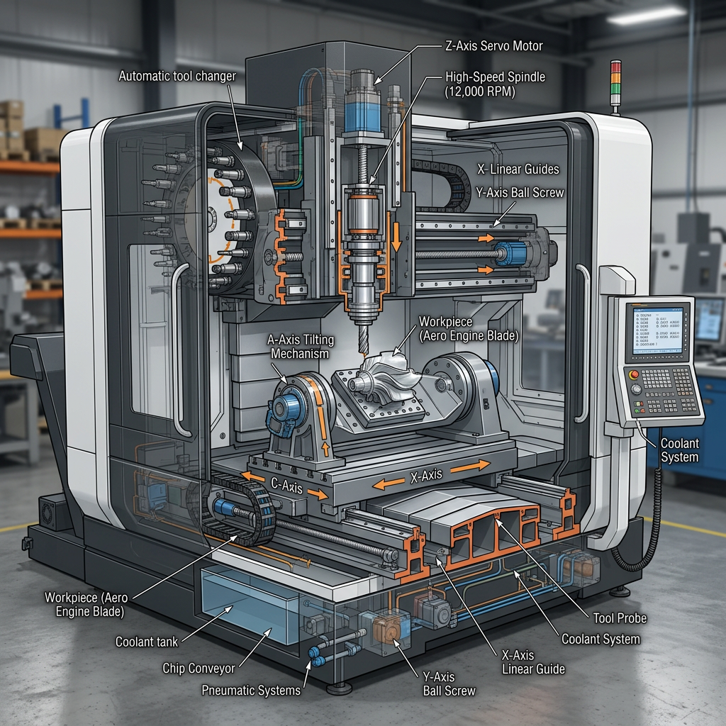 Cutaway CNC machining center showing spindle, axes, tool changer, workpiece, and coolant system components.