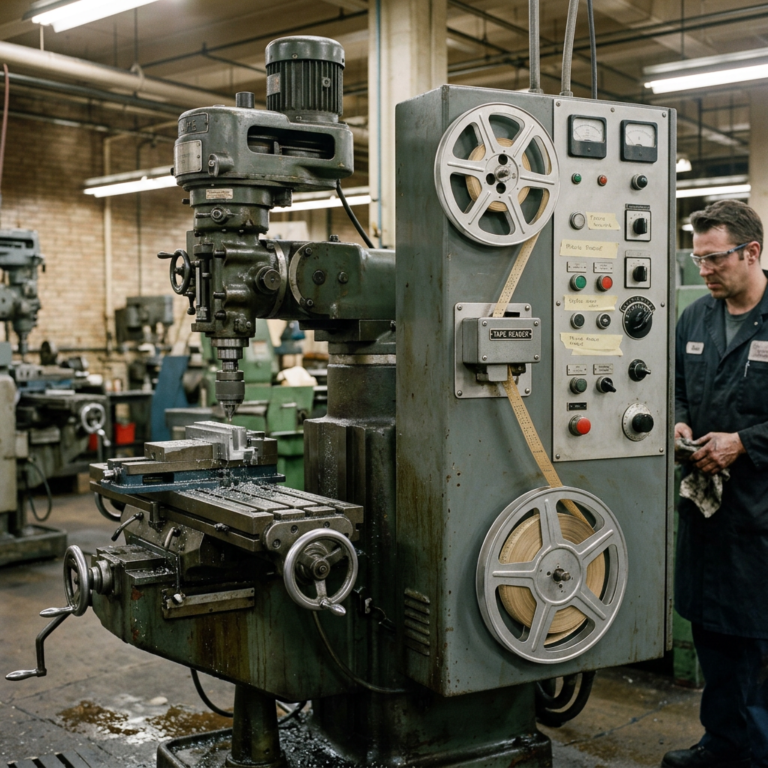 Vintage milling machine with tape reader and control panel in workshop