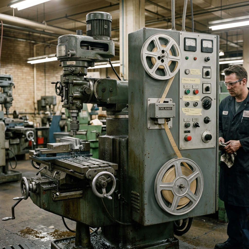 Vintage milling machine with tape reader and control panel in workshop