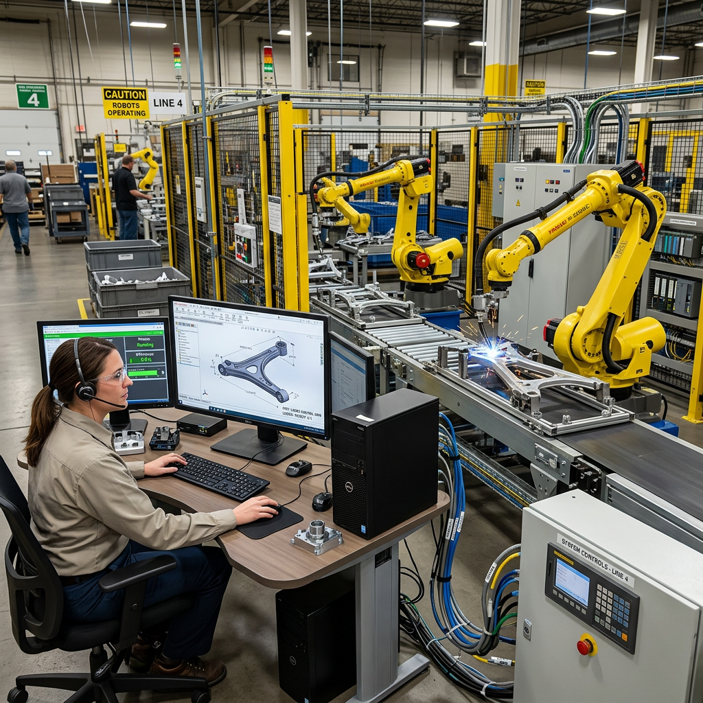 Technician sitting at computer workstation monitoring robotic welding on assembly line