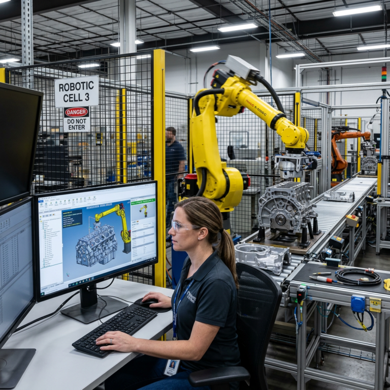 Engineer controlling robotic arm assembling engine parts in industrial facility