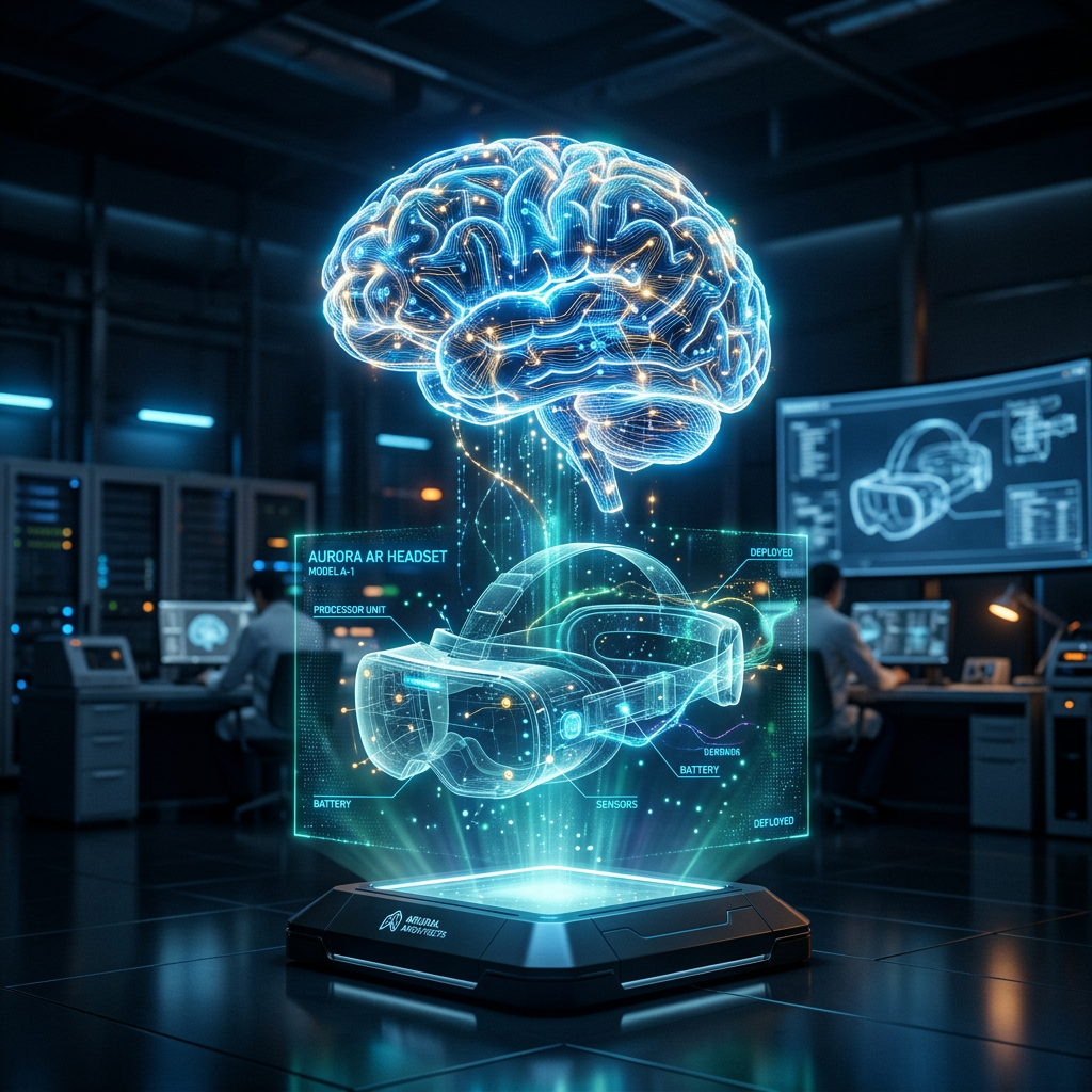 Holographic AR headset model and brain projection with technical specifications