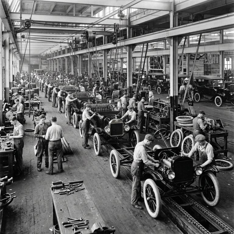 Auto factory assembly line with workers building Model T cars