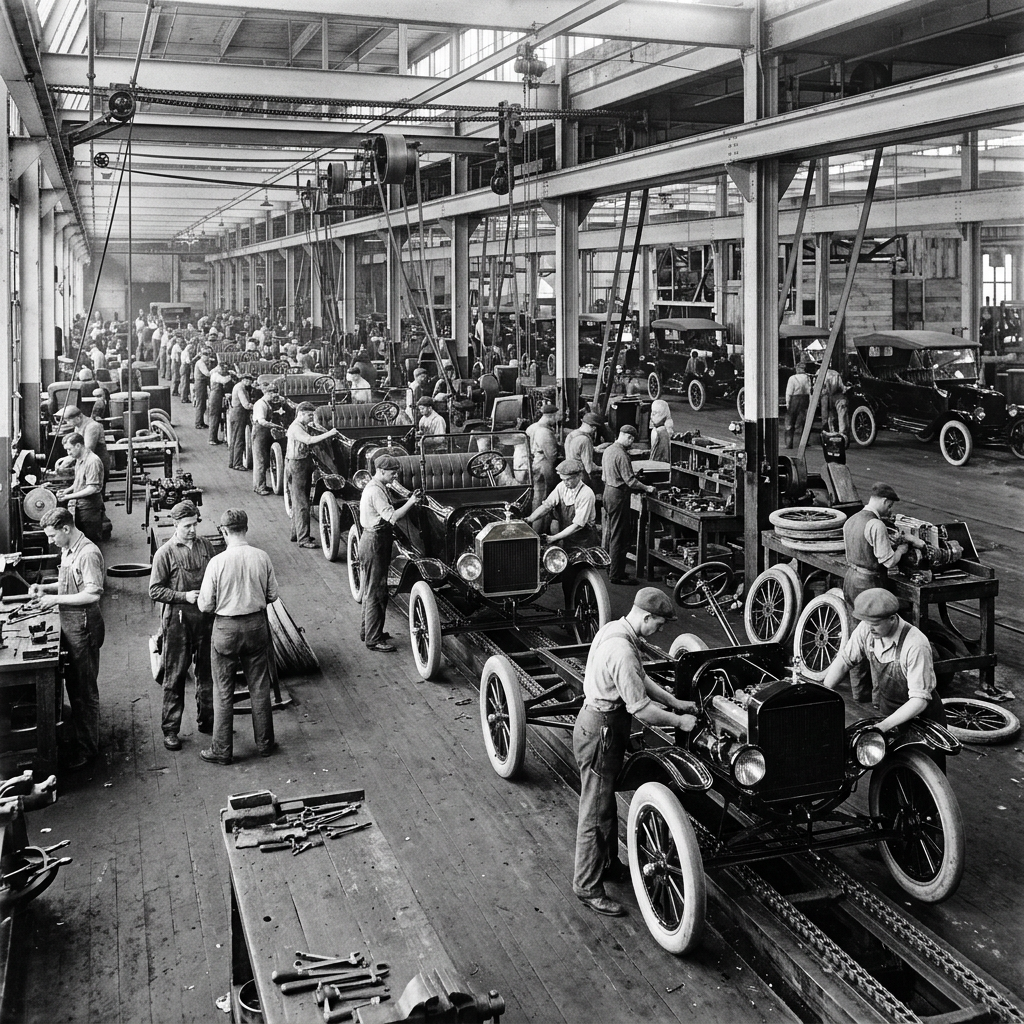 Auto factory assembly line with workers building Model T cars