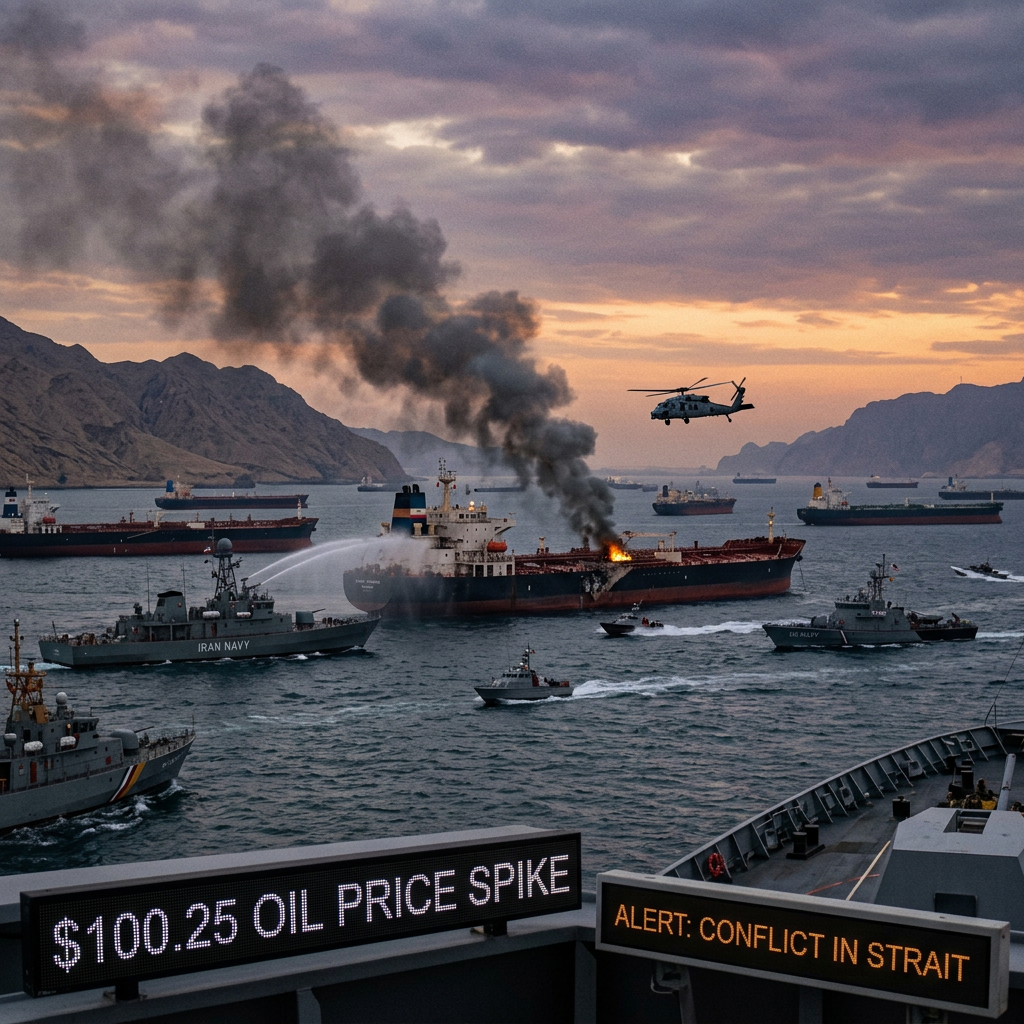 Burning tanker with smoke, naval ships labeled Iran Navy, helicopter overhead, multiple cargo ships in strait