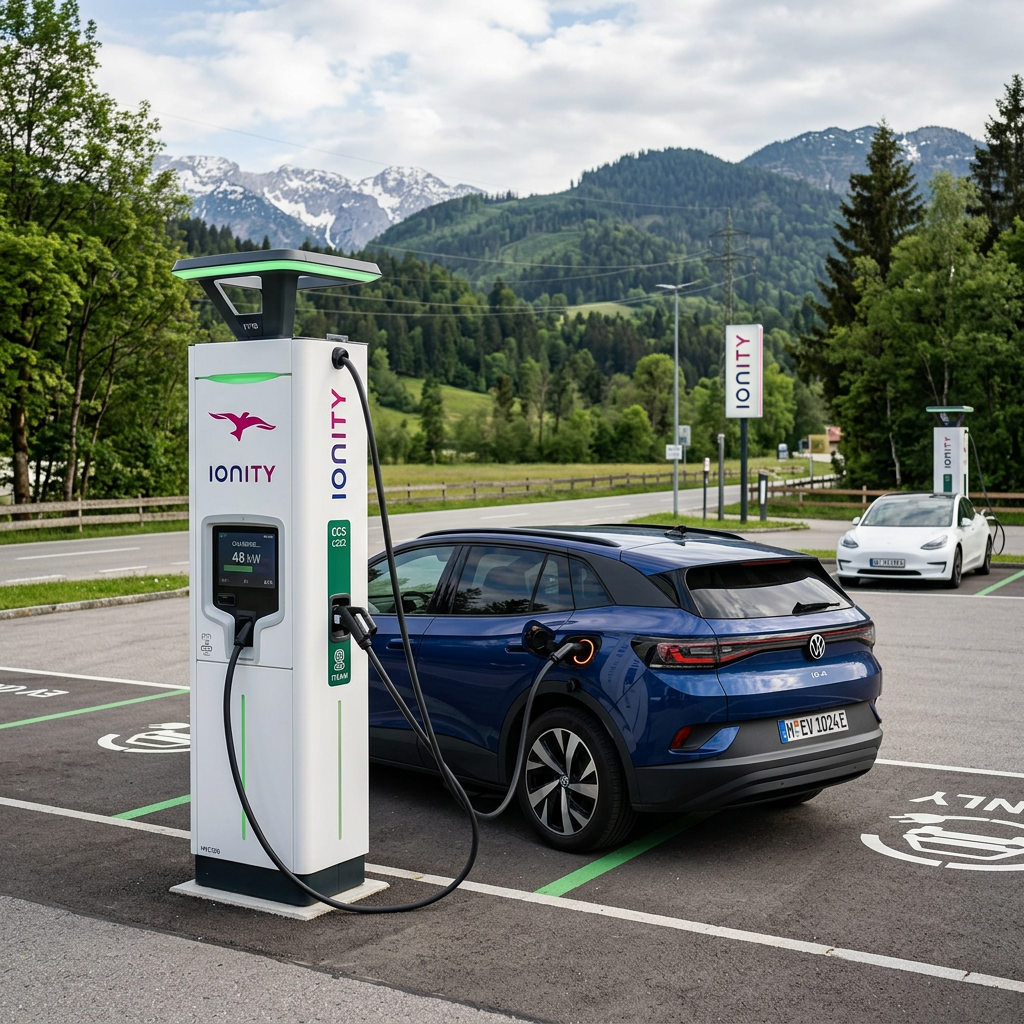 Blue Volkswagen ID.4 electric vehicle charging at Ionity charging station in scenic mountainous area